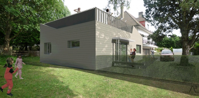 Cabinet para-mdical et terrasse en extension d'une maison existante : Vue depuis le jardin